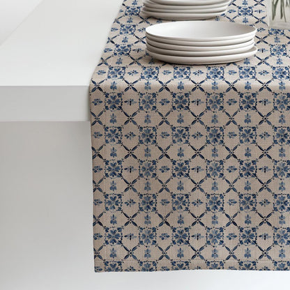 Coastal Linen runner - Swedish tile block print natural linen - indigo blue Rustic linen Marine Cottage farmhouse country style
