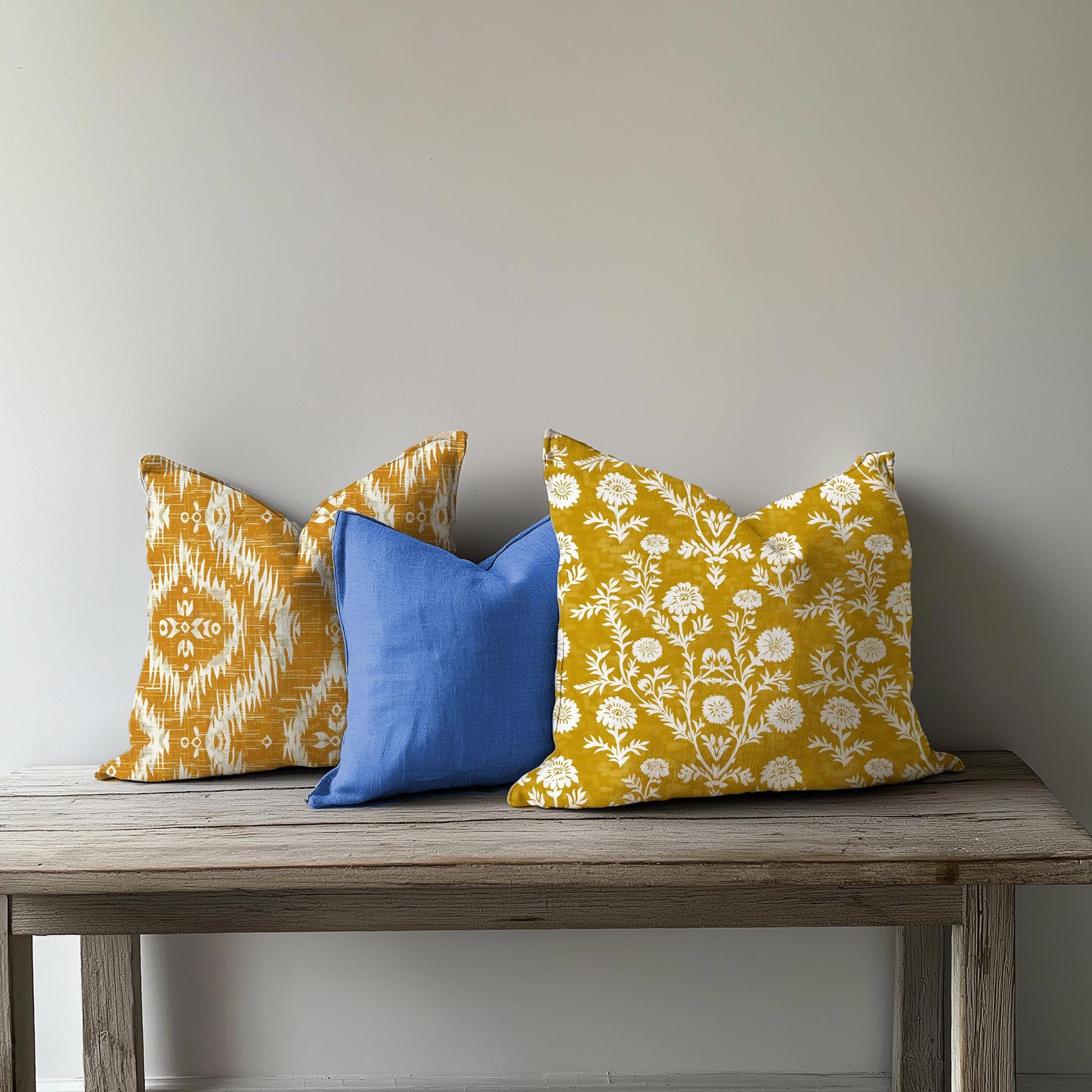Designer Mustard yellow Floral on Linen Pillow Cover, white yellow mustard Boho Pillow, Farmhouse Floral Block printed pillow on flax