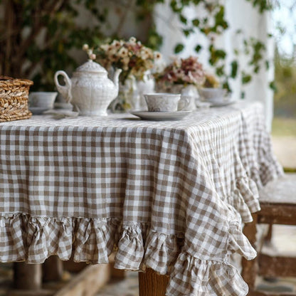 100% Linen tablecloth with RUFFLES - PREWASHED French cloth rustic country style - Farmhouse Shabby chic table decor - striped tanned white