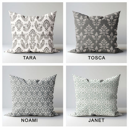 Modern grey linen Floral Pillow Cover, neutral Boho Pillow block print on linen, Coutrynome block printed pillow case in European flax