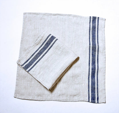 Linen napkins French linen. Natural - navy blue striped Cottage, coutry style linen. Set of linen napkins. Stonewashed. Linen cloth napkins.