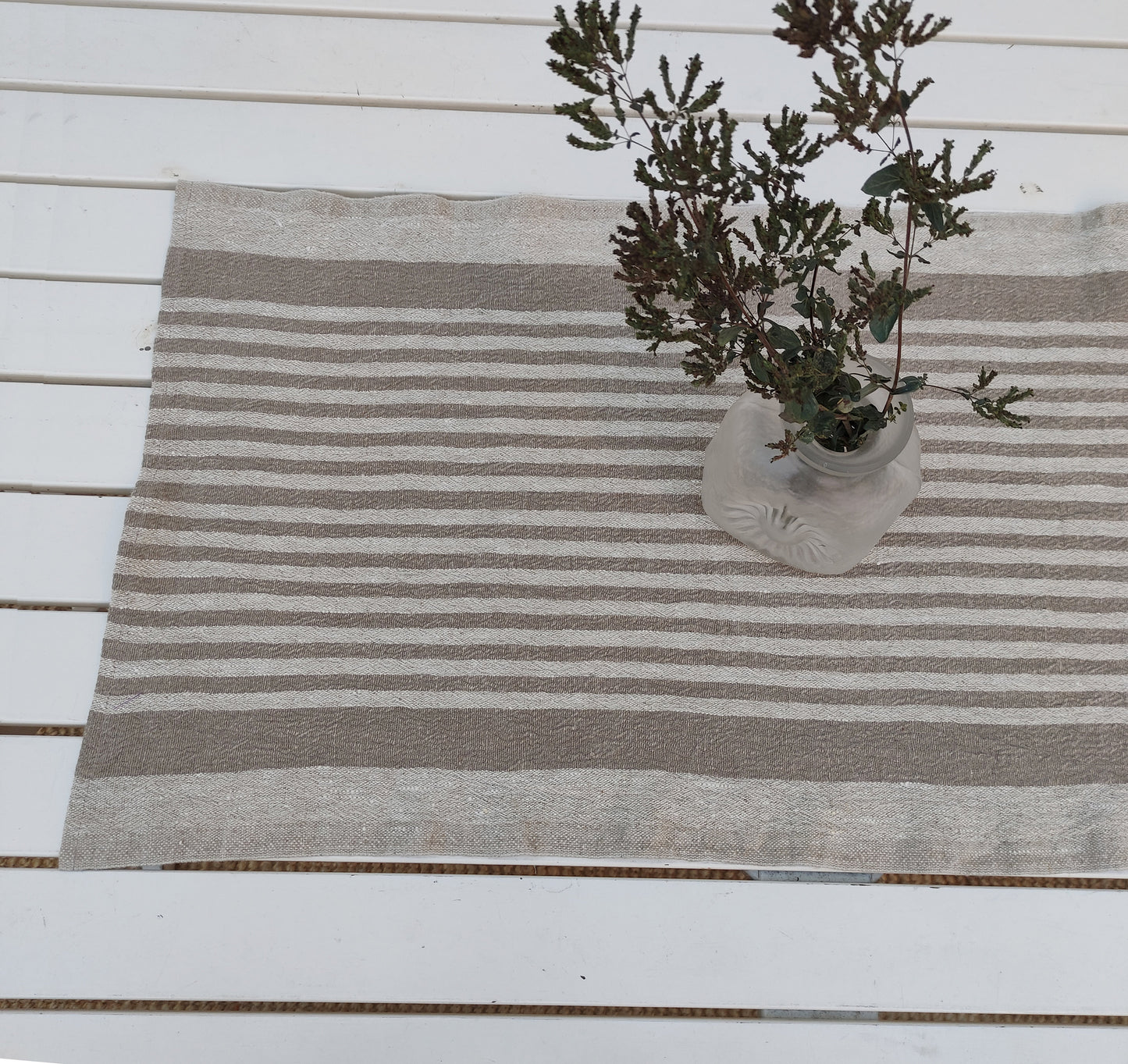 Linen runner - french sack linen. Grey blue striped Rustic linen Cottage farmhouse coutry style linen. Stonewashed. 100% linen Burlap