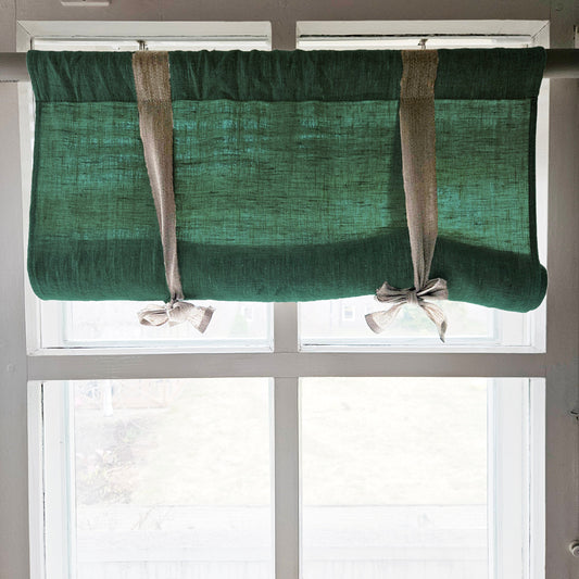 Linen curtains valance with tie up green, farmhouse kitchen curtains in natural green