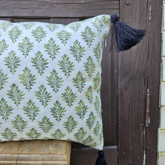 Designer Blovk print Floral on Linen Pillow Cover wiht pompons -  white green Boho Pillow - Farmhouse Floral Block printed pillow on flax