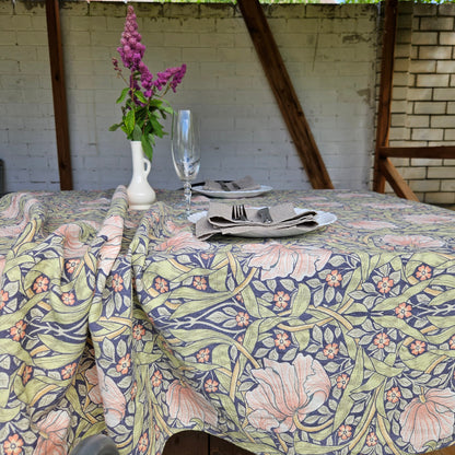 Linen foral tablecloth with birds, william Morris pimpernel tablecloth, arts and crafts movement tablecloth Victorian style