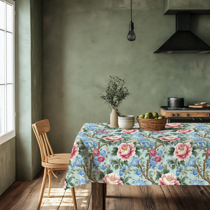 100% Linen tablecloth Chinoiserie peony print - blue floral PREWASHED French table cloth rustic rectangle square oval