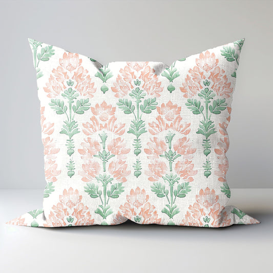 Modern linen Floral Pillow Cover in blush pink, pink Boho Pillow block print on linen, Coutryhome block printed pillow in European flax