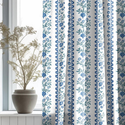 Curtains 100% Linen with floral stripe blue green white print PREWASHED - kitchen Living room farmhouse linen window panel herritage print
