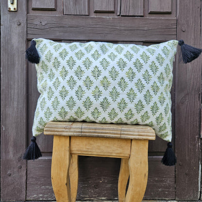 Designer Blovk print Floral on Linen Pillow Cover wiht pompons -  white green Boho Pillow - Farmhouse Floral Block printed pillow on flax