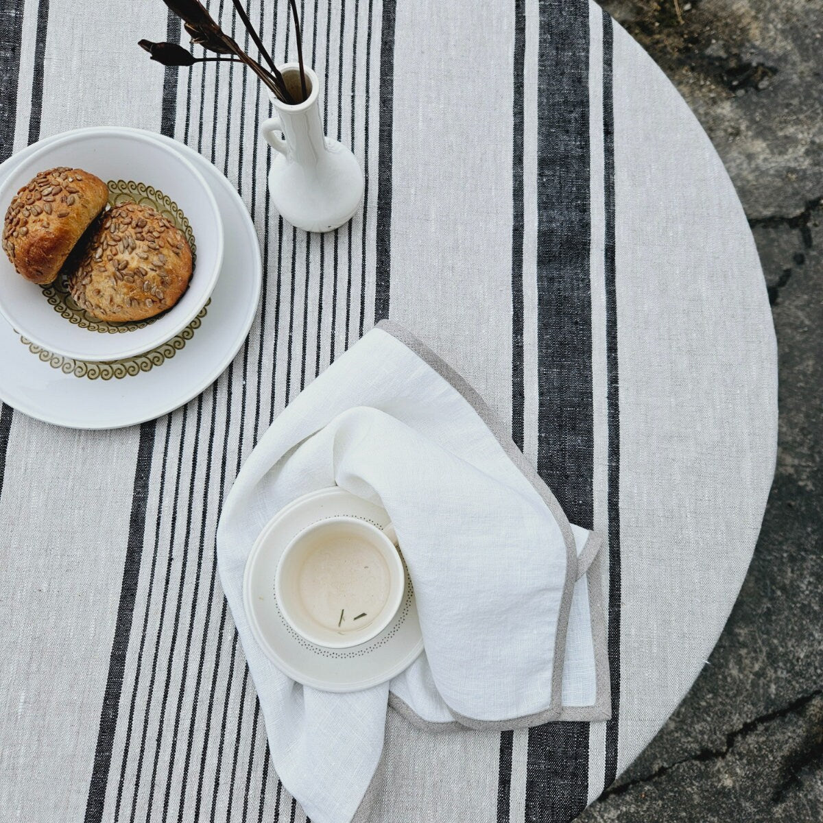 100% Linen Tablecloth in french Provance striped linen for Round table - Table cloth in Natural Linen in custom size neutral green stripes