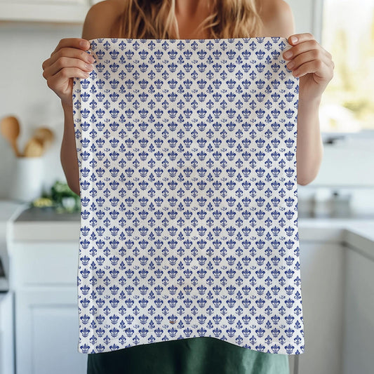 Fleur de lis kökshandduk i linne - blåvita blocktryck Handdukar - Farmhouse Floral Décor kökshandduk med broar på träd