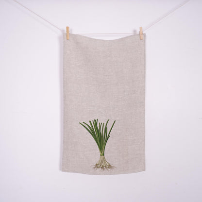 Gräslökshandduk i linne - Färsk lök Handdukar Te - Diskhandduk med lantlig blommig design - grönska färska örter Köksinredning