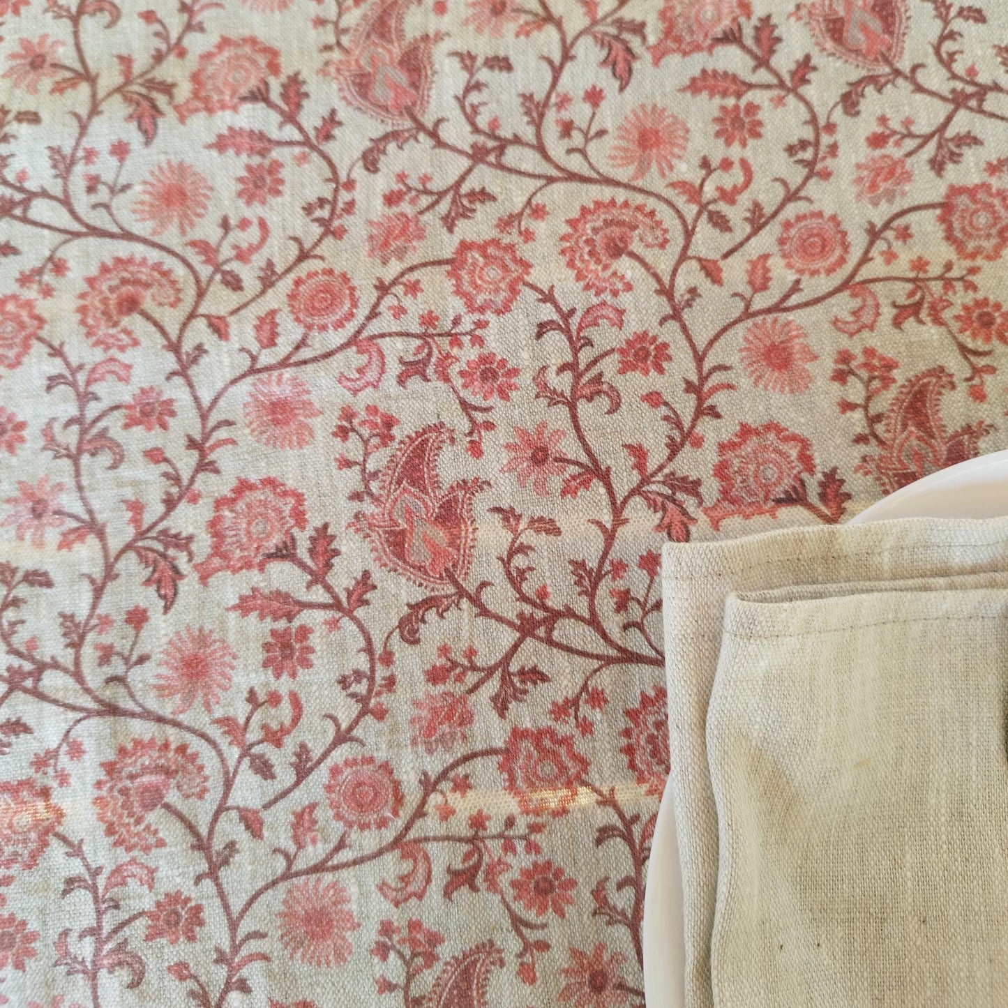 Linen floral tablecloth with red flowers, French Retro Vintage Vibe table cloth Bohemian Wildflower Pattern