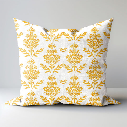 Designer Mustard yellow Floral on Linen Pillow Cover, white yellow mustard Boho Pillow, Farmhouse Floral Block printed pillow on flax