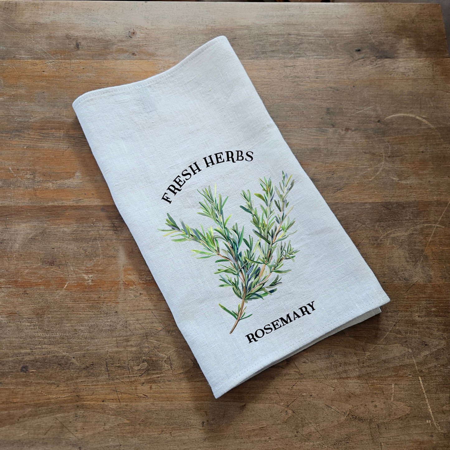 rosemary kitchen towel in white linen, provence herbs print tea towel