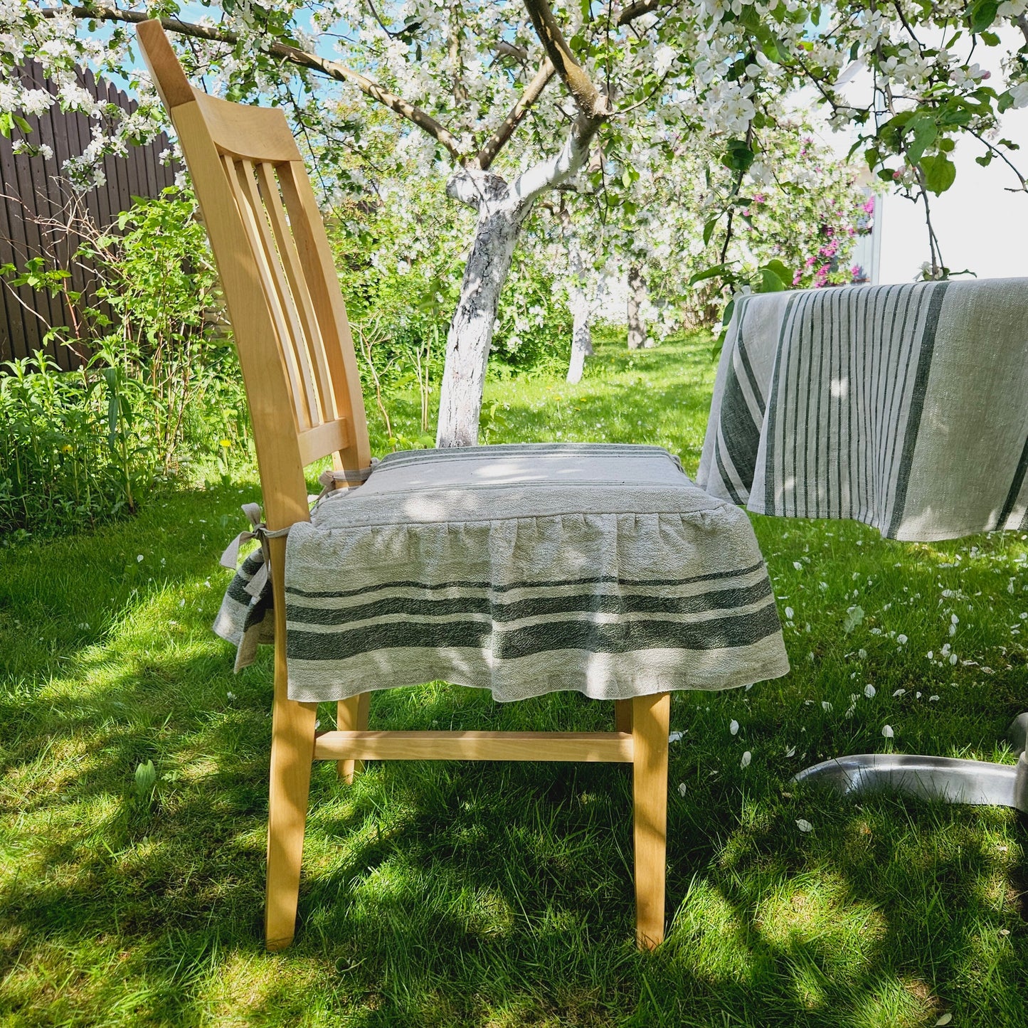 Linen Seat Cushion striped with ties - Striped Chair Pad Pillow - Natural French Style Heavy Weight 100% Linen Fabric french striped