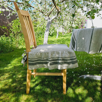 Linen Seat Cushion striped with ties - Striped Chair Pad Pillow - Natural French Style Heavy Weight 100% Linen Fabric french striped