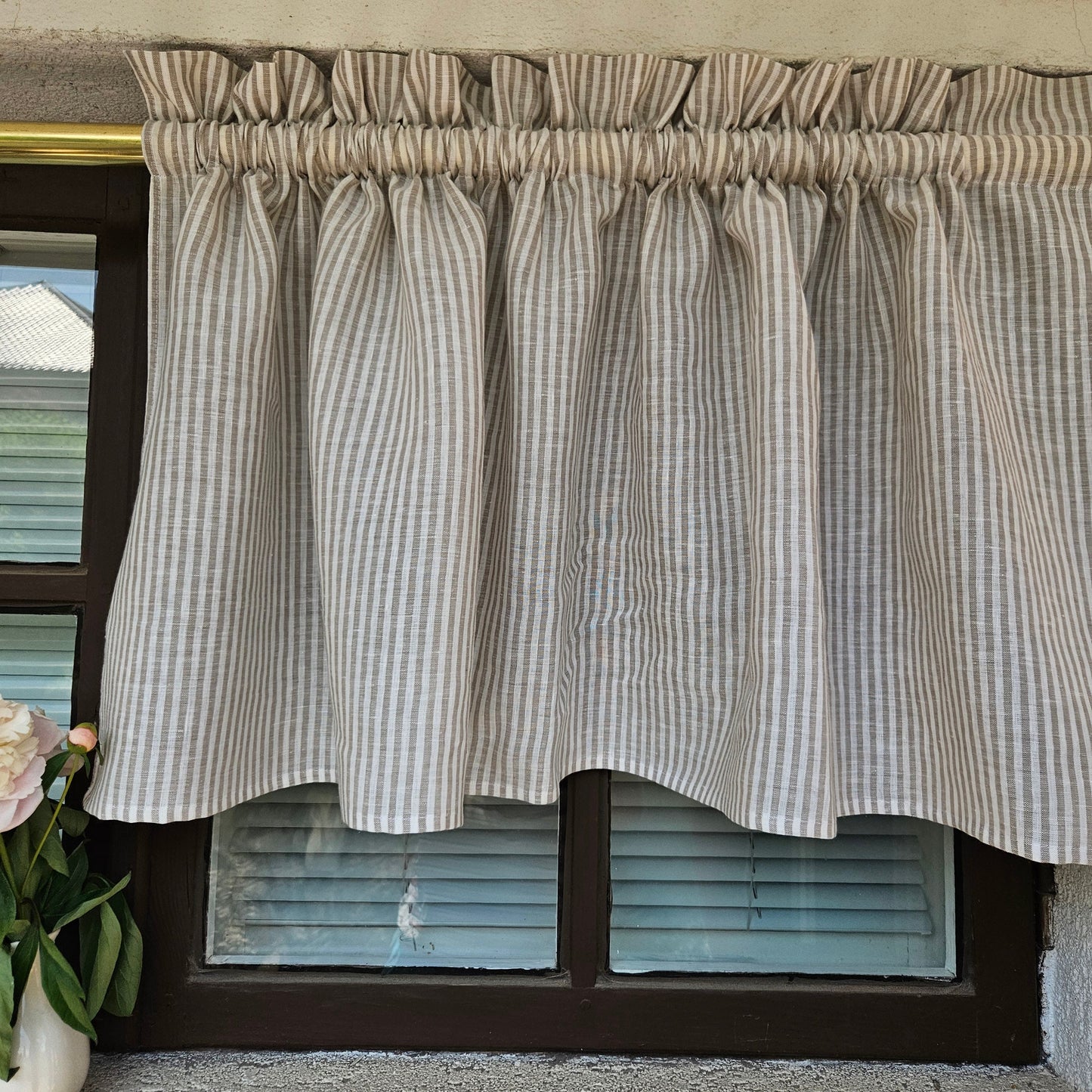 Linen Cafe Curtains in custom size in french Toile de JOuy Greeen, custom size Farmhous window panel, Living room Cafe Kitchen  valance