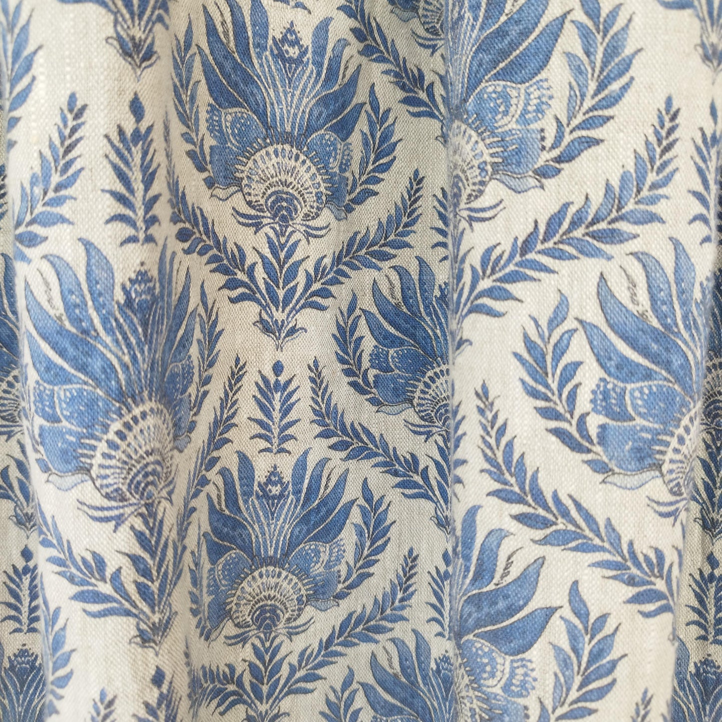 Curtains 100% Linen with French block print blue pattern PREWASHED. kitchen Living room farmhouse window panel in french linen