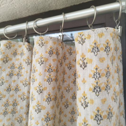 Curtains 100% Linen with indian block print yellow pattern PREWASHED. kitchen Living room farmhouse linen window panel