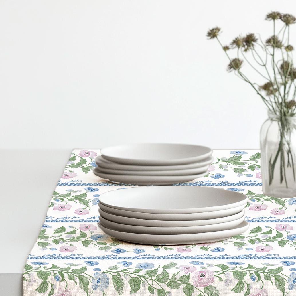 Floral stripe Linen runner - french block print linen hippie vibe - pink green blue Rustic linen Cottage farmhouse country style