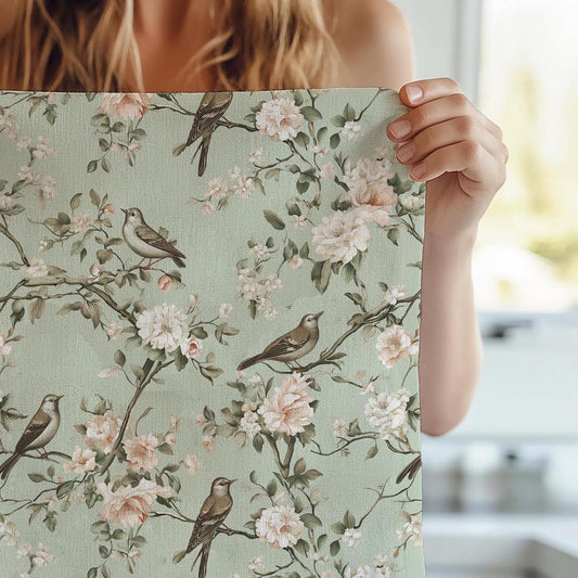 Toile de jouy Tea Towel in linen - floral blossom print Hand Tea towels - Farmhouse Dish Décor Kitchen Towel  tree blossom with birds
