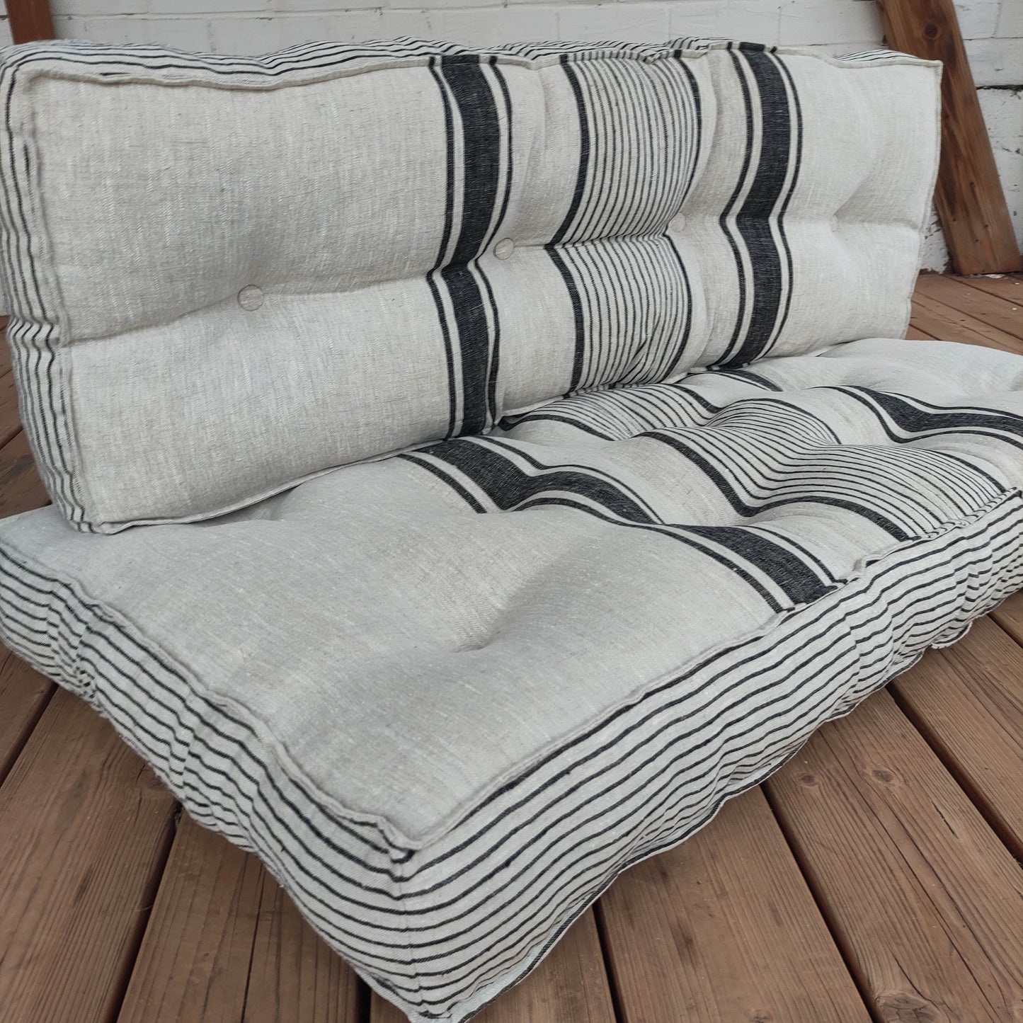 Bench cushion in French striped linen,  floor cushion in Custom size, shikibuton thick mat Shiki futon filled organic fiber filler