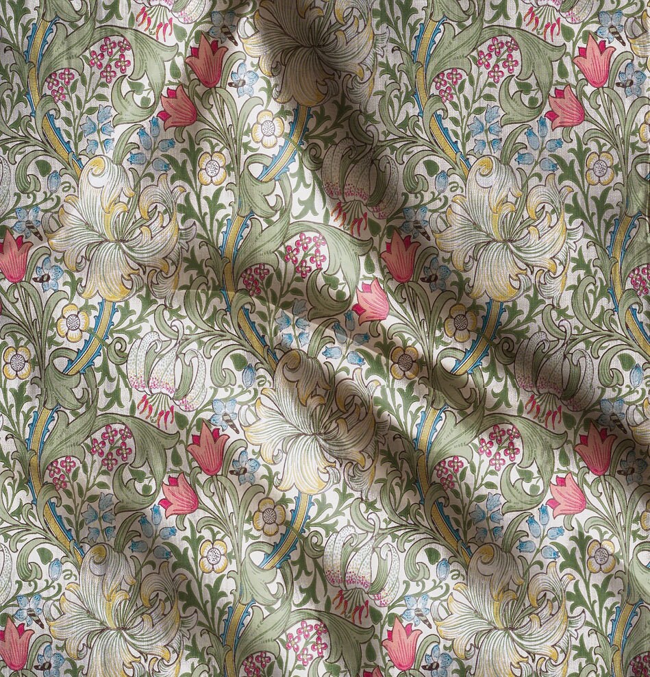 Linen foral tablecloth with birds, william Morris golden lily tablecloth, arts and crafts movement tablecloth Victorian style golden lilly