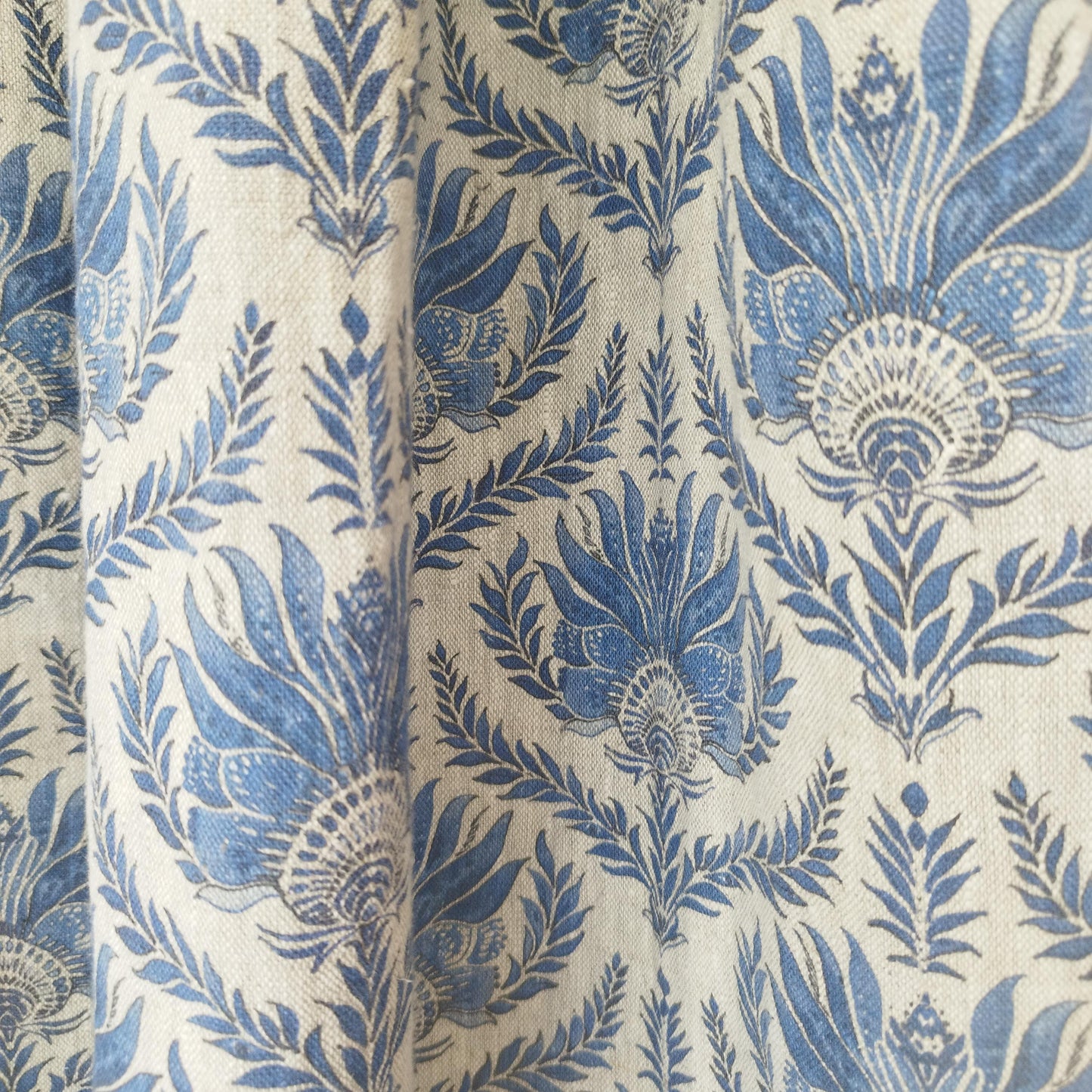 Curtains 100% Linen with French block print blue pattern PREWASHED. kitchen Living room farmhouse window panel in french linen