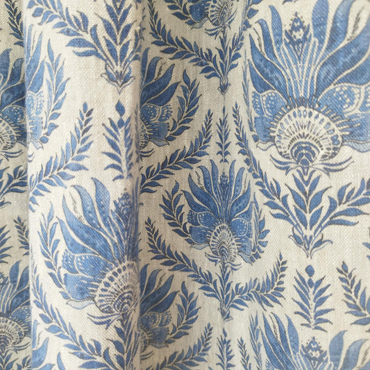 Curtains 100% Linen with French block print blue pattern PREWASHED. kitchen Living room farmhouse window panel in french linen
