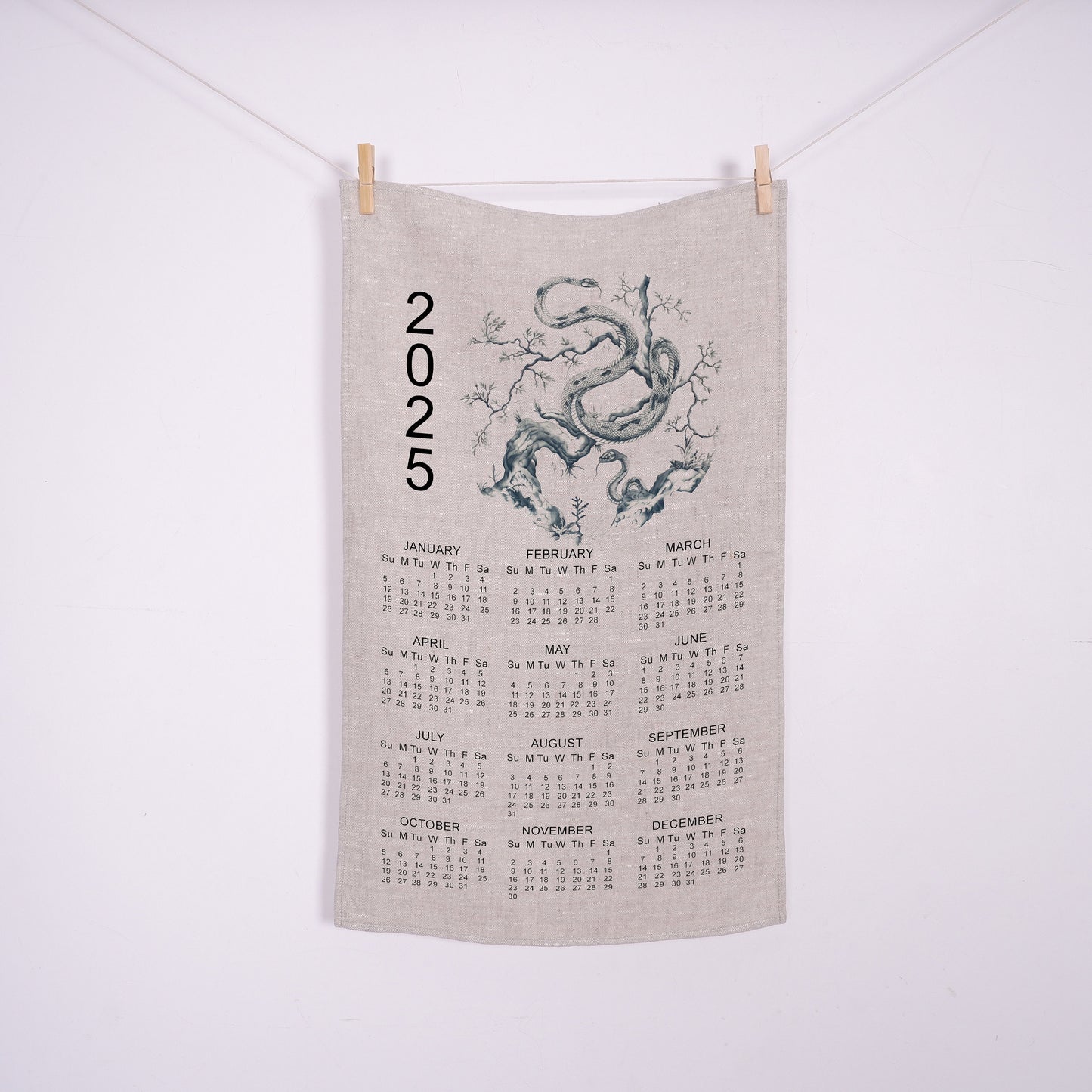 2025 Calendar Towel with year zodiac Snake in linen dark blue, linen tea towel with 2025 Calendar, linen guest towel 2025 Calendar