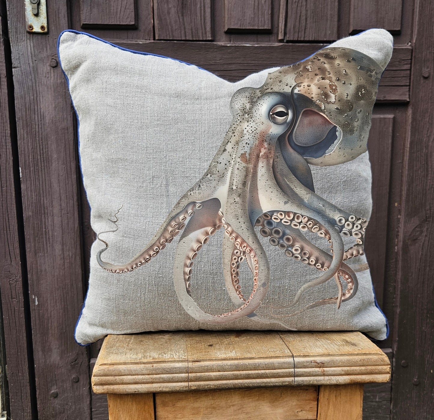 Linen Throw Pillow with shell print, Coastal Decor cushion cover, Nautical Cushion in Linen, linen pillow case French country Cottage