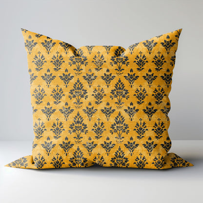 Designer Mustard yellow Floral on Linen Pillow Cover, white yellow mustard Boho Pillow, Farmhouse Floral Block printed pillow on flax