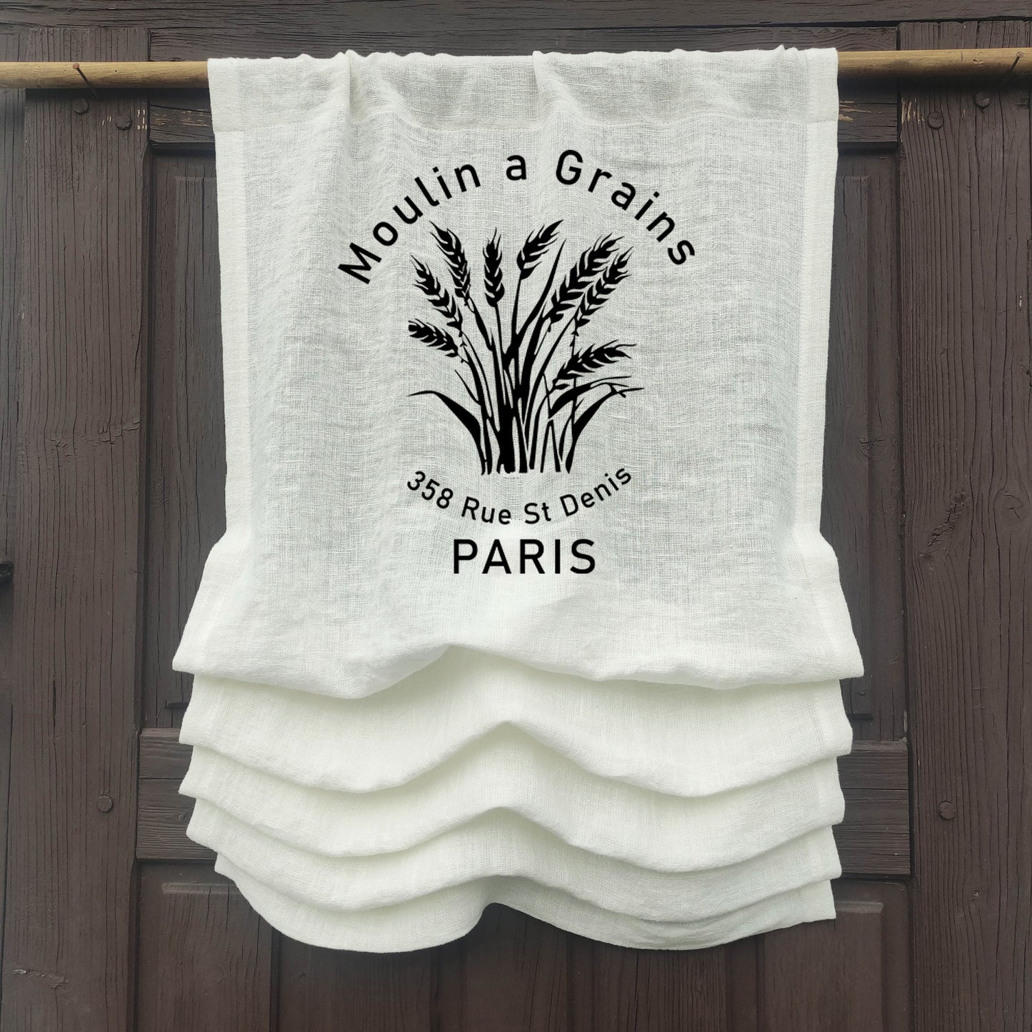 white French Door Curtain 1 Panel with Moulin a Grains stamp, white curtain panels for door window in linen