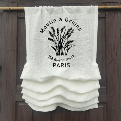 white French Door Curtain 1 Panel with Moulin a Grains stamp, white curtain panels for door window in linen
