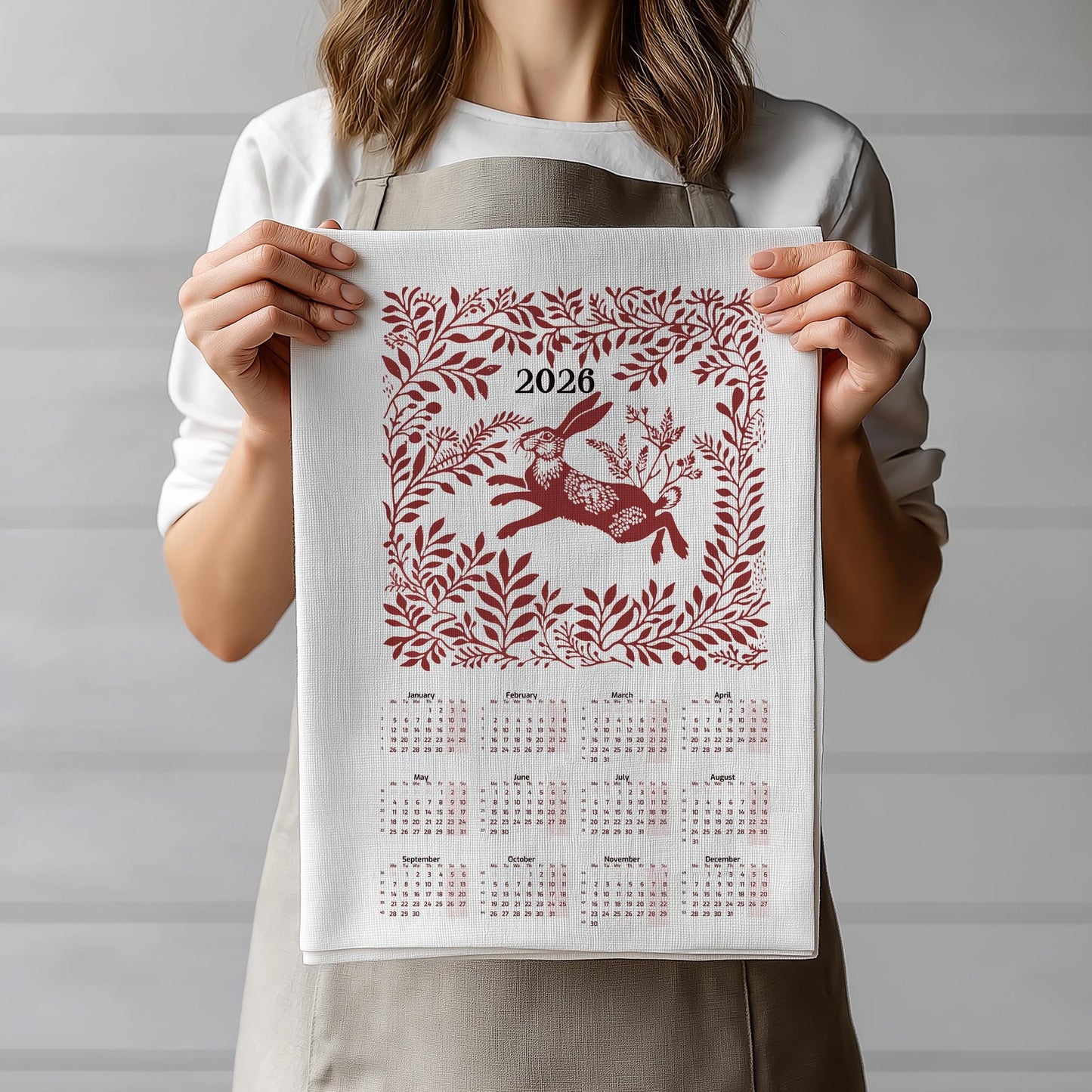 2026 Calendar Tea Towel - Rabbit in meadow - Home Sweet Home Linen Canvas Tea Towel - 100% linen kitchen towels
