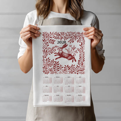 2026 Calendar Tea Towel - Rabbit in meadow - Home Sweet Home Linen Canvas Tea Towel - 100% linen kitchen towels
