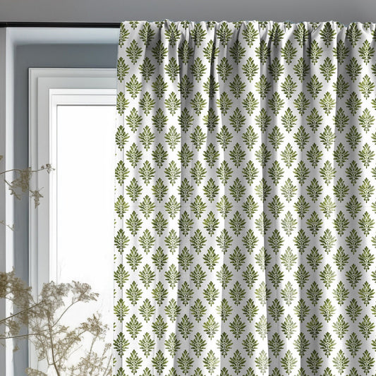 block print linen curtains in white and green