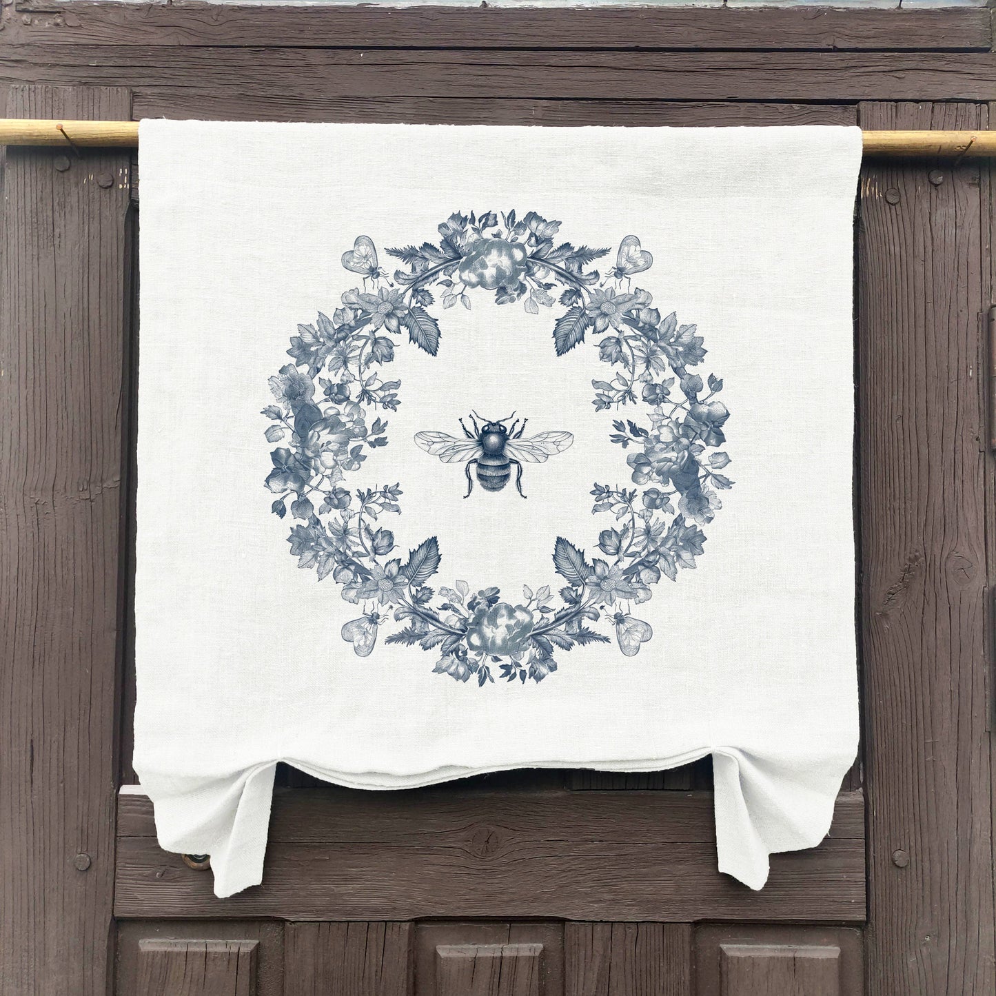 natural French Door Valance 1 Panel with bee with floral wreath stamp, curtain panels for door window in linen for rustic farmhouse style