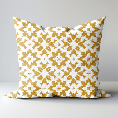 Designer Mustard yellow Floral on Linen Pillow Cover, white yellow mustard Boho Pillow, Farmhouse Floral Block printed pillow on flax