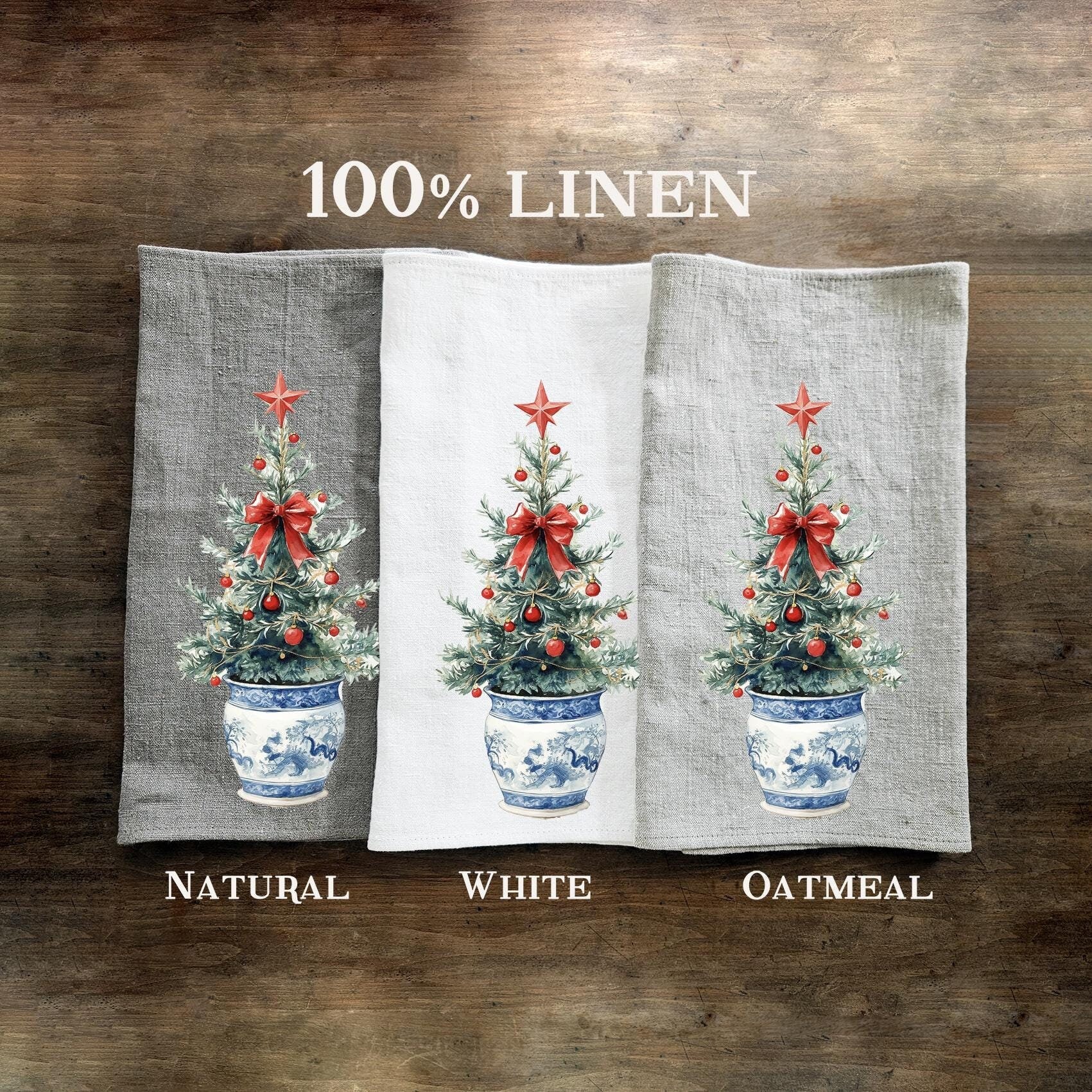 Christmas Tea Towel in linen, Christmas tree Hand Towels Tea, linen  Dish Towel Holiday Kitchen Décor Tea Towel