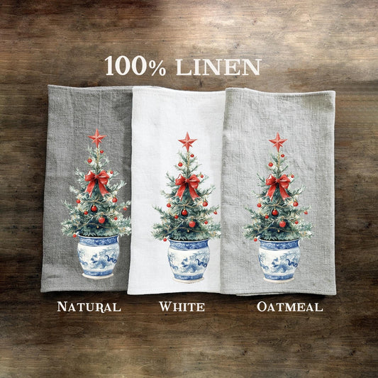 Christmas Tea Towel in linen, Christmas tree Hand Towels Tea, linen  Dish Towel Holiday Kitchen Décor Tea Towel
