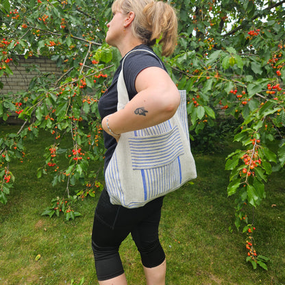 Tote bag in french striped linen, large shopping bag , striped linen bag, shoulder bag, French style linen beach bag, striped summer bag