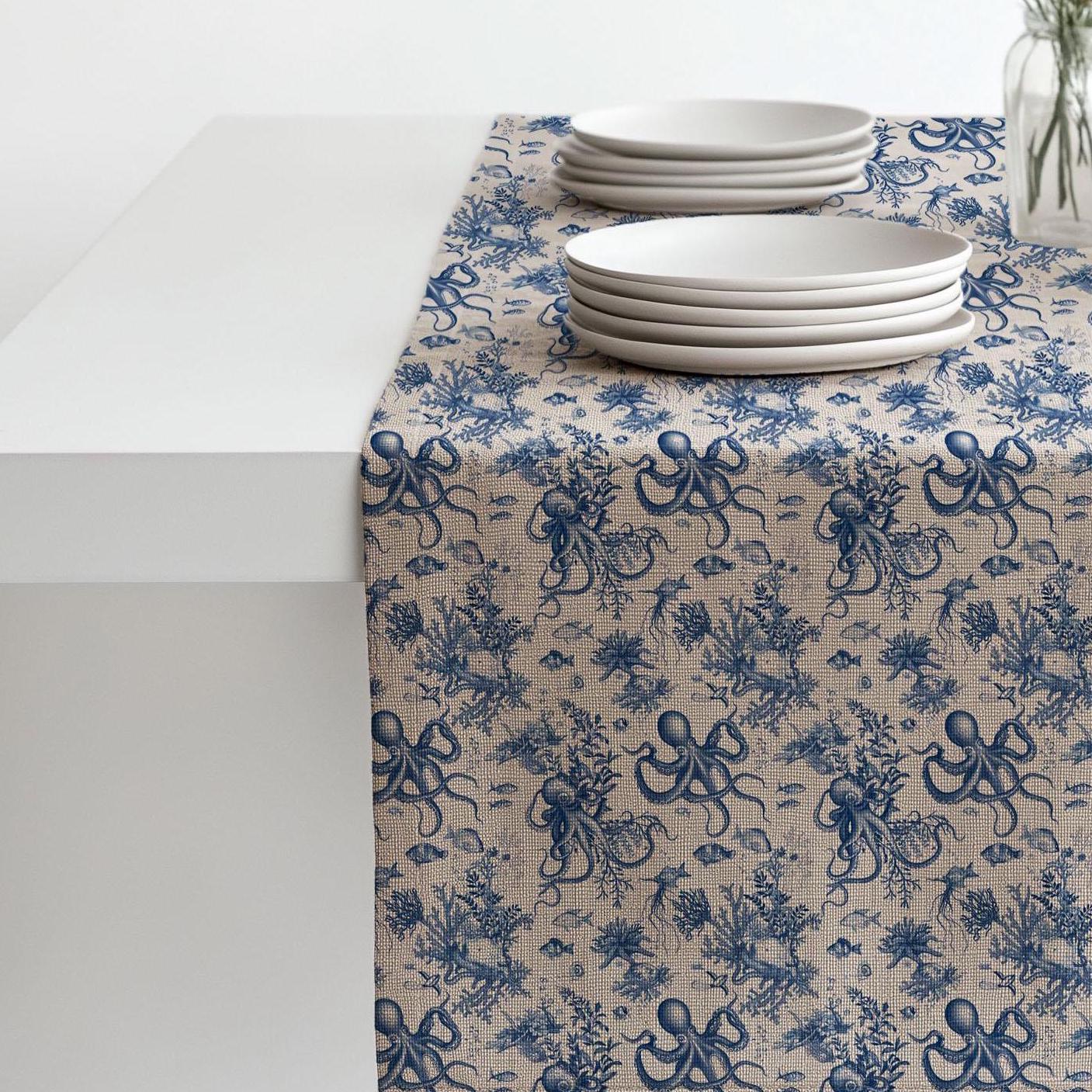 Coastal Linen runner - Octopus block print natural linen - indigo blue Rustic linen Marine Cottage farmhouse country style Stonewashed linen