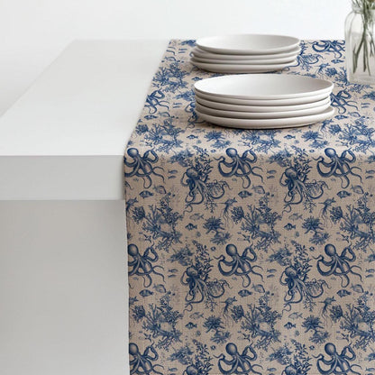 Coastal Linen runner - Octopus block print natural linen - indigo blue Rustic linen Marine Cottage farmhouse country style Stonewashed linen