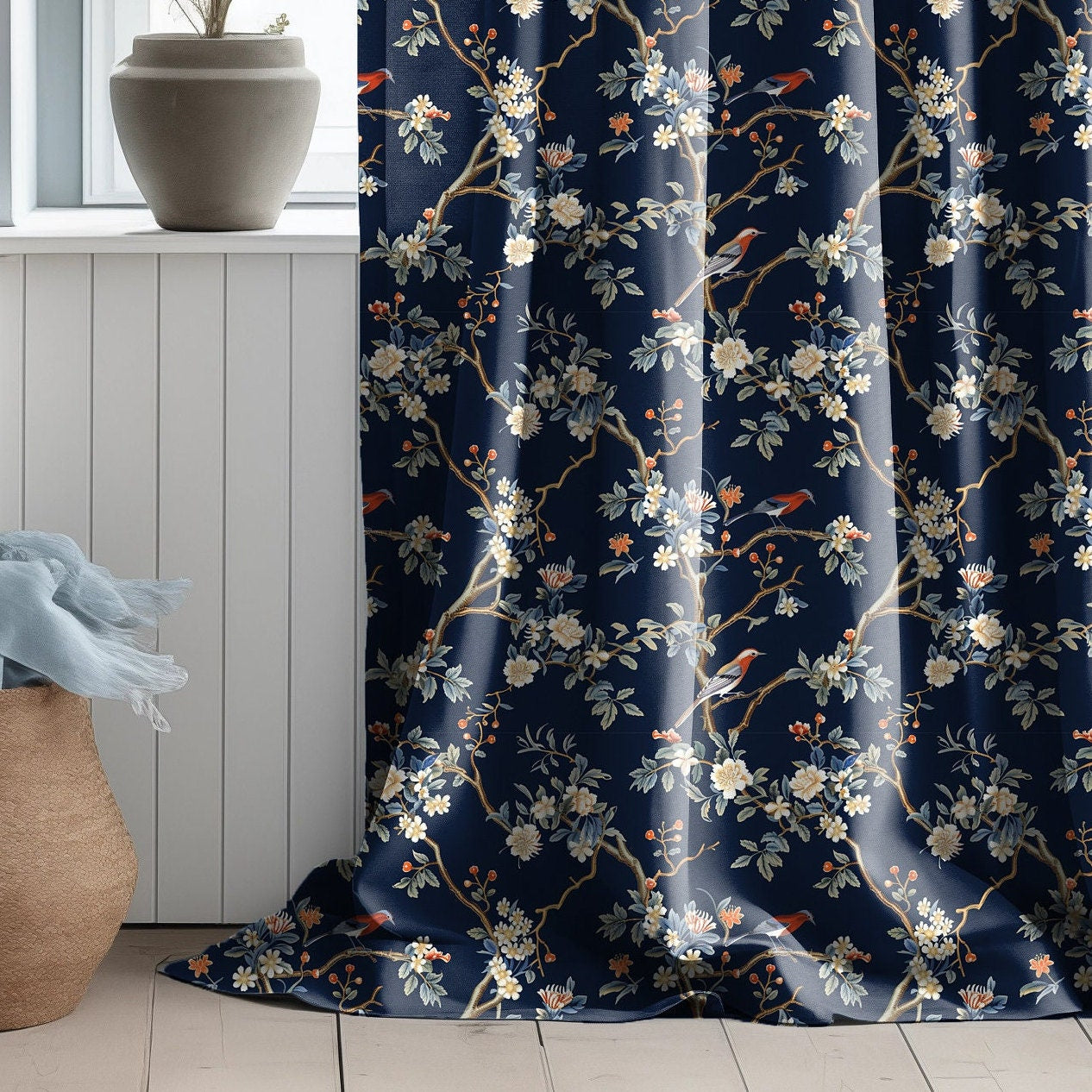 Linen botanical print Curtain Panels with troile de jouy print, foral Curtains for living room or bedroom navy, coutryhouse style curtains