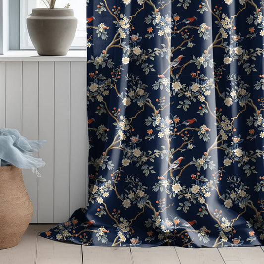 Linen botanical print Curtain Panels with troile de jouy print, foral Curtains for living room or bedroom navy, coutryhouse style curtains