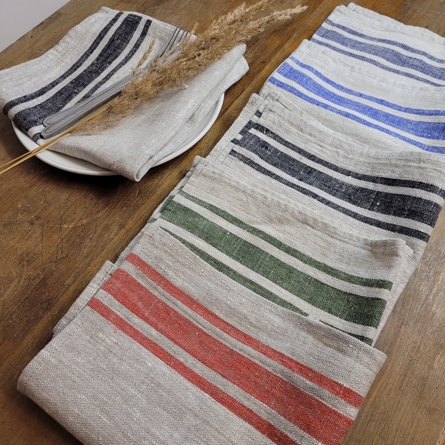 Linen napkins - French linen. Natural blue striped. Sack linen Cottage coutry style. Set of linen napkins. Stonewashed. Linen cloth napkins.