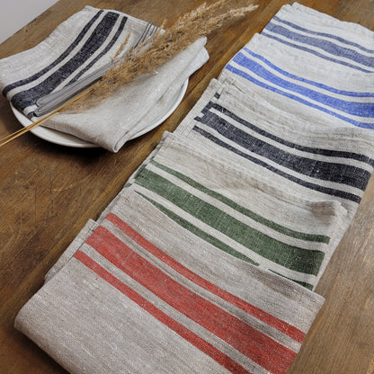 Linen napkins - French linen. Natural blue striped. Sack linen Cottage coutry style. Set of linen napkins. Stonewashed. Linen cloth napkins.