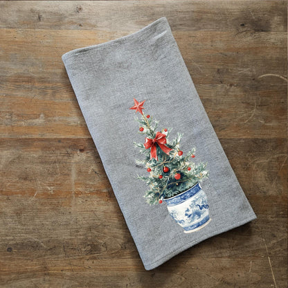 Christmas Tea Towel in linen, Christmas wreath Hand Towels Tea, linen  Dish Towel Holiday Kitchen Décor Tea Towel